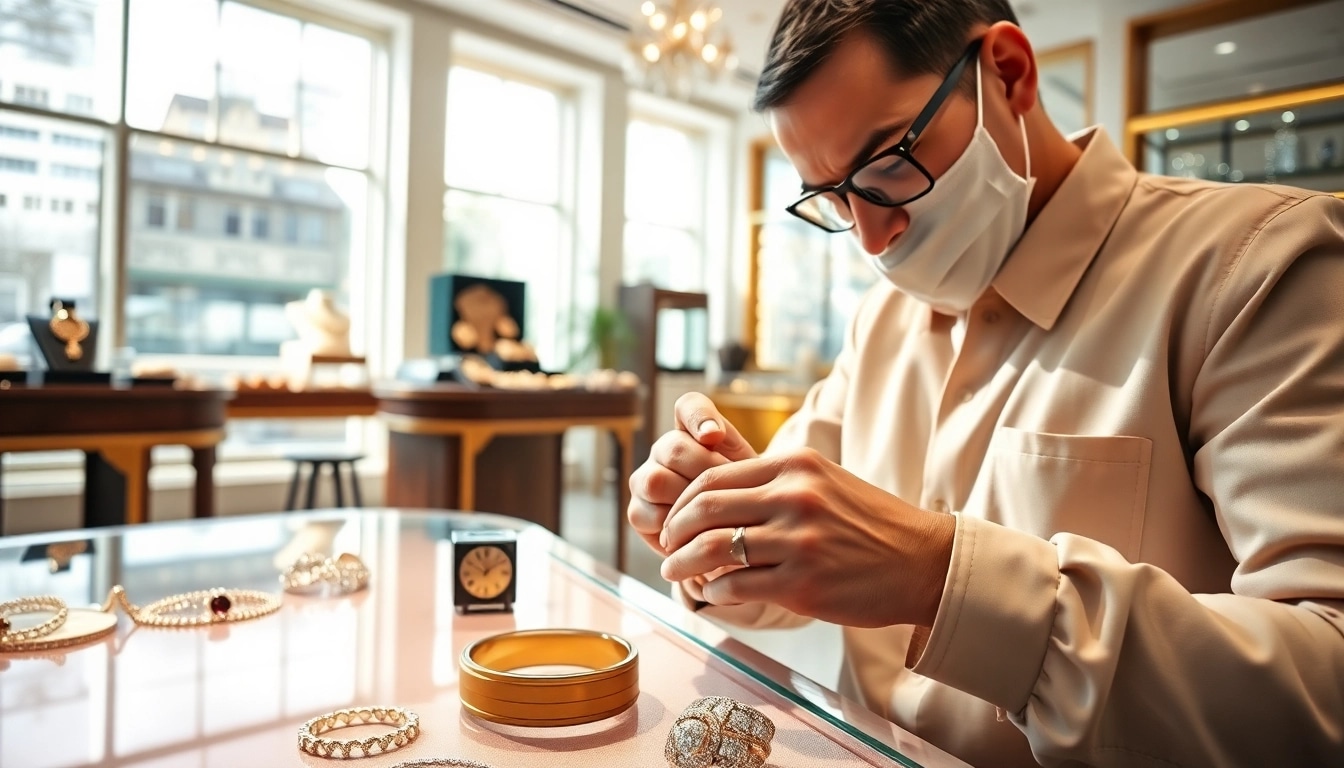 Juwelier in der Nähe zeigt feinen Schmuck und handwerkliche Fähigkeiten in einem eleganten Shop.