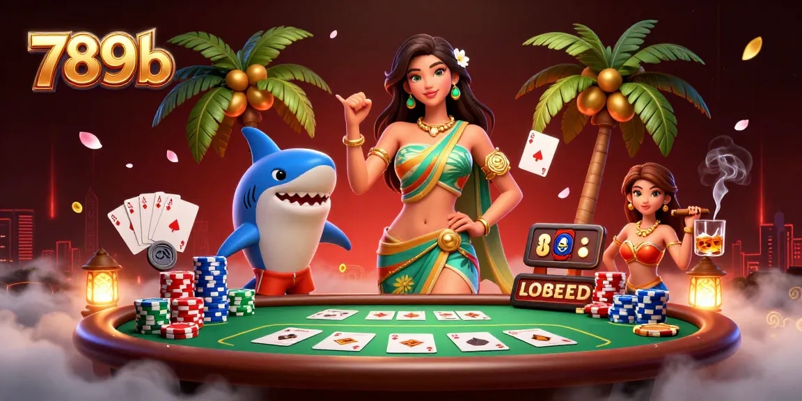 Experience the thrill of 789b with a vibrant casino scene, showcasing poker elements and dynamic characters.