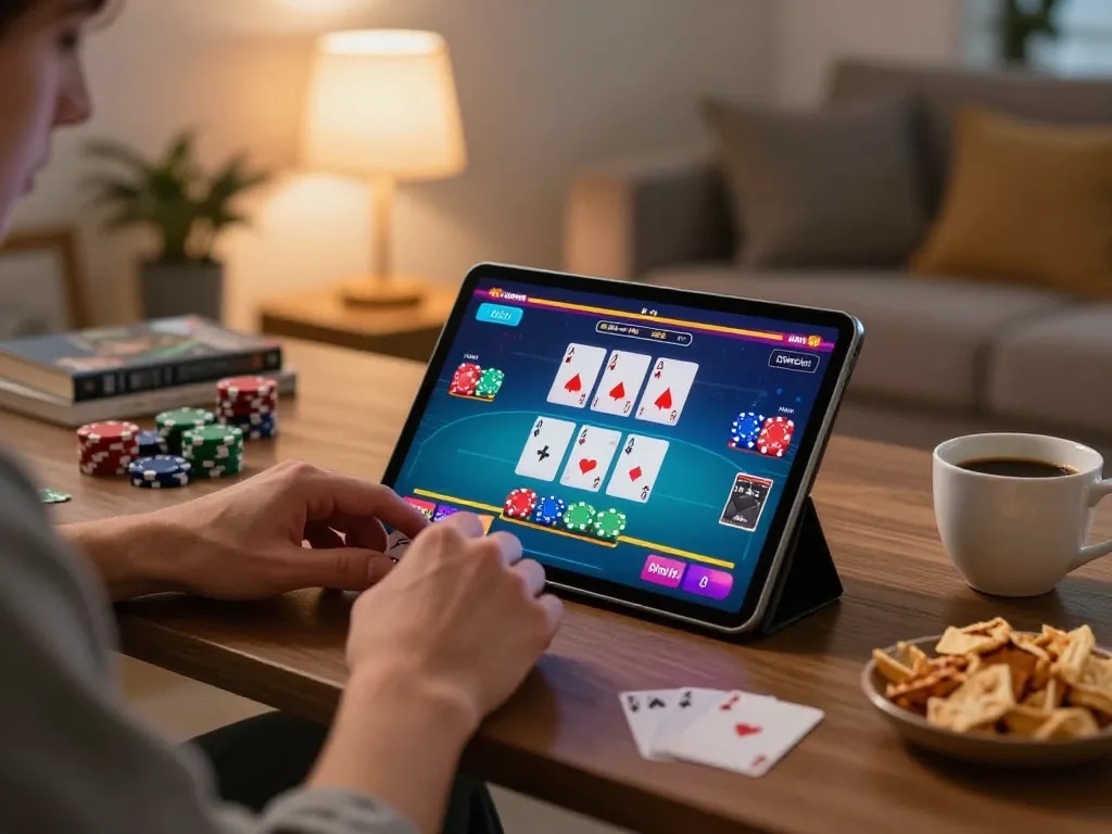 Engaging online poker gameplay on a tablet at home while placing bets on 388bet.