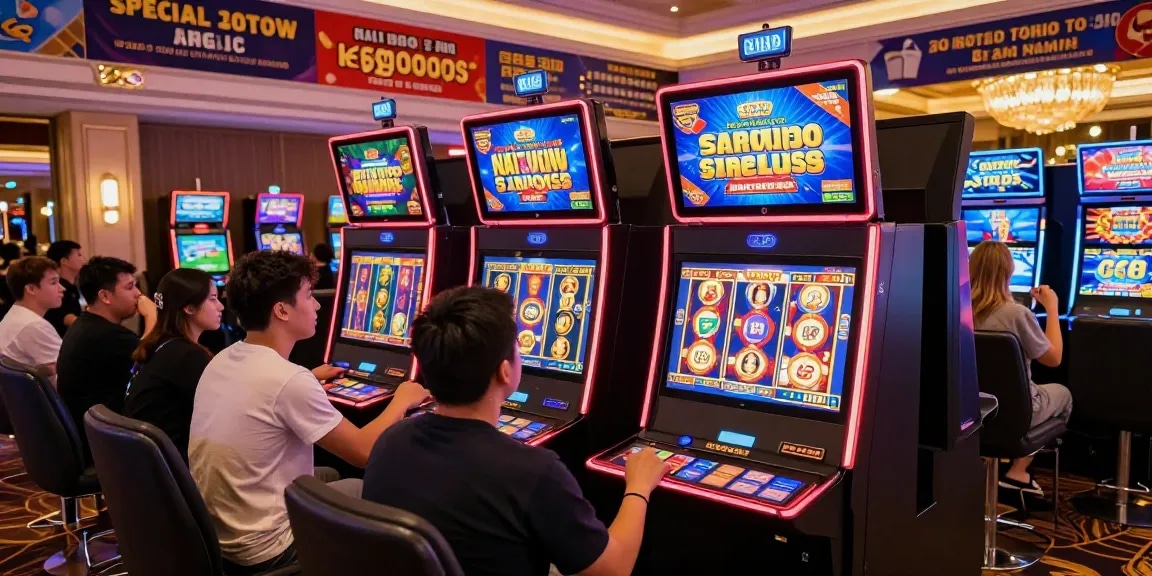 Excited players exploring feature buy slots at a vibrant online casino with colorful displays and promotional banners.