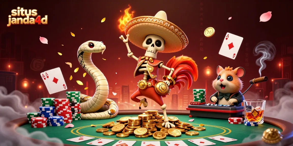 Situs janda4d menampilkan skeleton mariachi menari di tumpukan koin emas, menciptakan suasana kasino yang meriah.