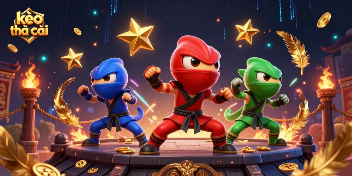 Engage with kèo nhà cái in a vibrant scene featuring colorful chameleon ninjas and dynamic gambling elements.