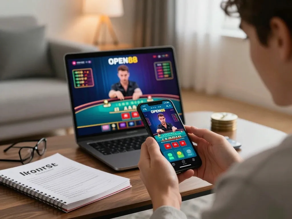 Engaging with open88 on a smartphone while playing live dealer blackjack at home.