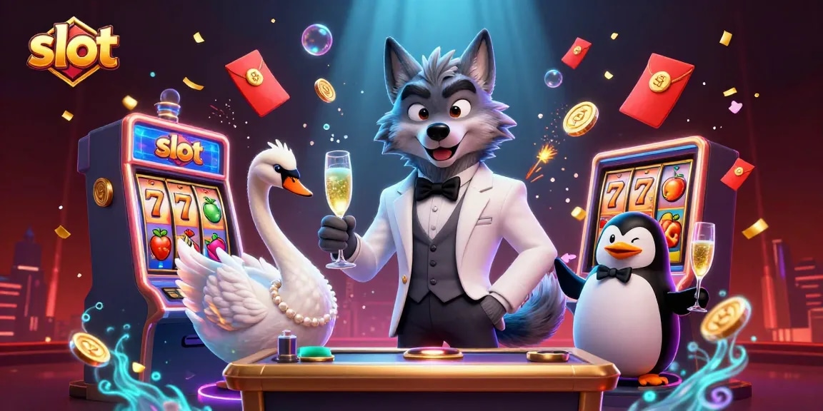 Jelajahi slot dengan simbol keberuntungan dalam ilustrasi kasino yang meriah dan berwarna.