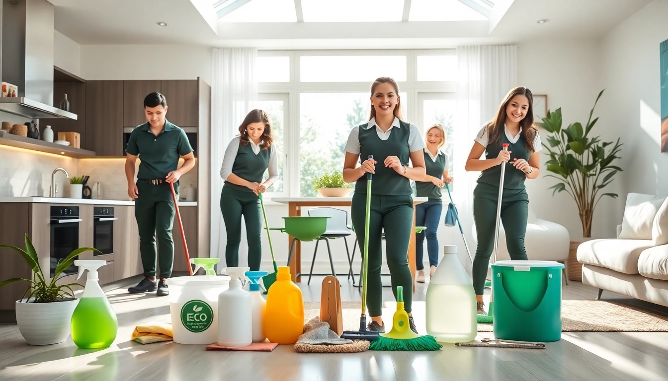 Cleaning service team creating a spotless home environment with eco-friendly products.