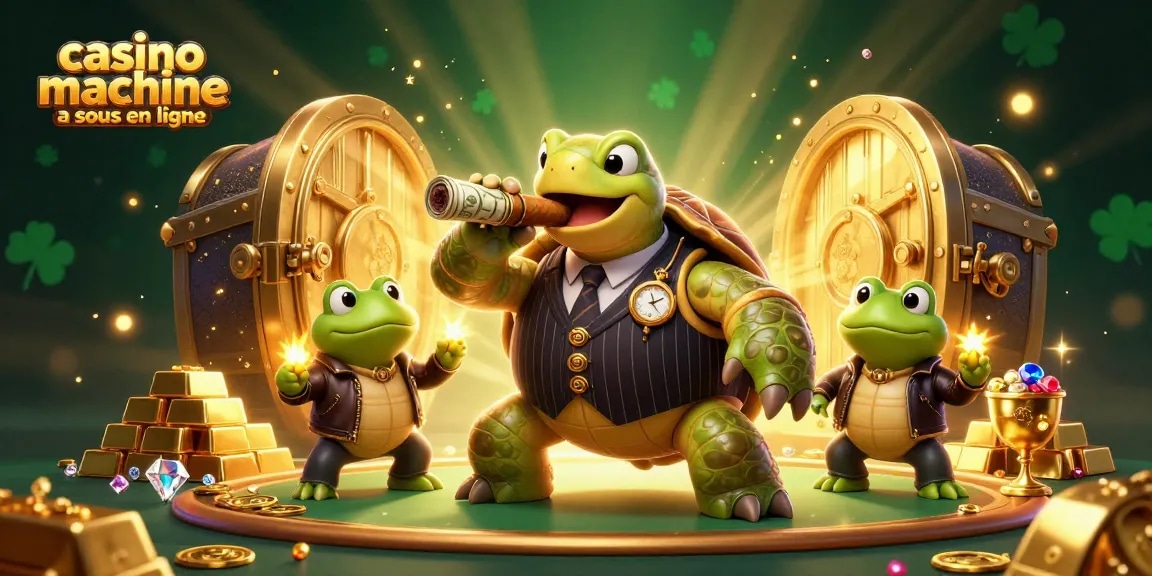 Une illustration 3D captivante de casino machine à sous en ligne avec une tortue caricaturale et des grenouilles en flambeau entourées de joyaux.