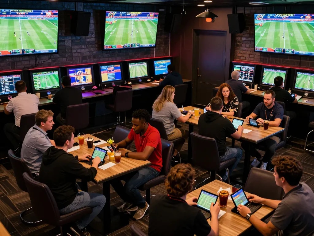 Betting enthusiasts engaging at G28 trang chủ sports lounge, enjoying live events and strategy discussions.