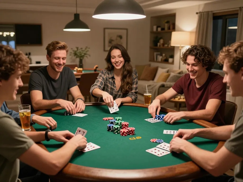 Friends enjoying an engaging poker night while managing bankroll strategies with link w18.