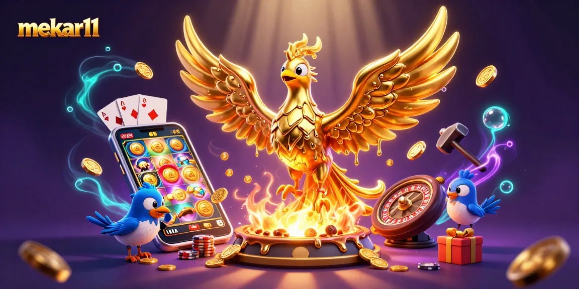 Witness the mekar11 phoenix unleashing golden coins in this vibrant 3D casino scene.