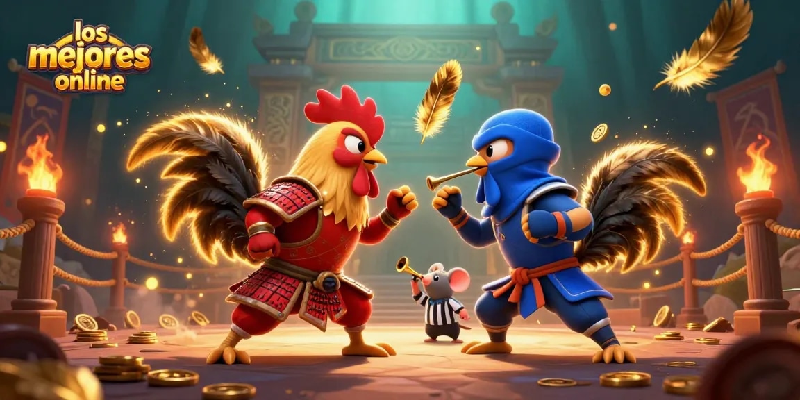 Disfruta de los mejores casinos online en una animación donde gallos luchan para ganar premios.