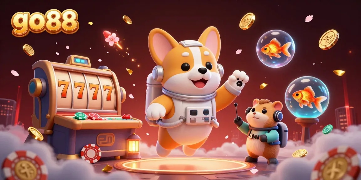 Experience go 88 excitement as an astronaut corgi floats in a vibrant casino scene.