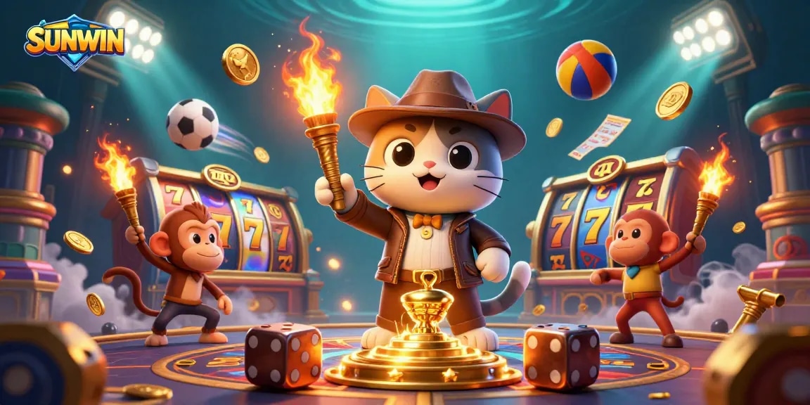 SUNWIN presents an adventurous cat archaeologist discovering casino artifacts amidst dynamic gaming elements.