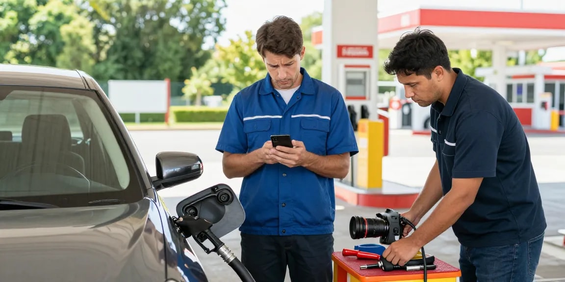 Driver facing issues from wrong fuel in car while technician offers assistance at fuel station.