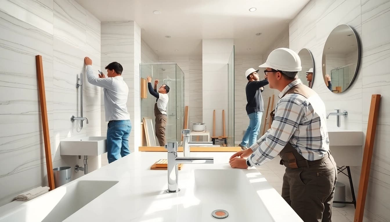 Bathroom builders expertly renovating a modern bathroom with elegant fixtures and a bright workspace.