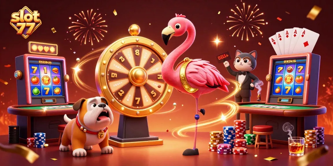 Join the excitement of slot 77 with animated characters celebrating wins at a vibrant casino scene.