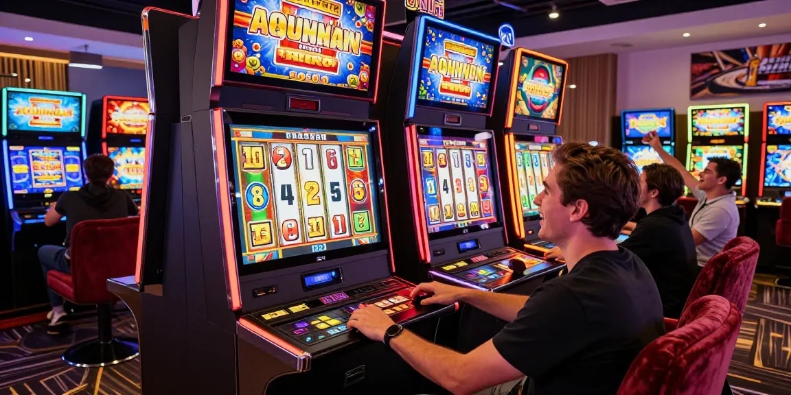 Exciting scene of a player at a slot machine in a vibrant online casino.