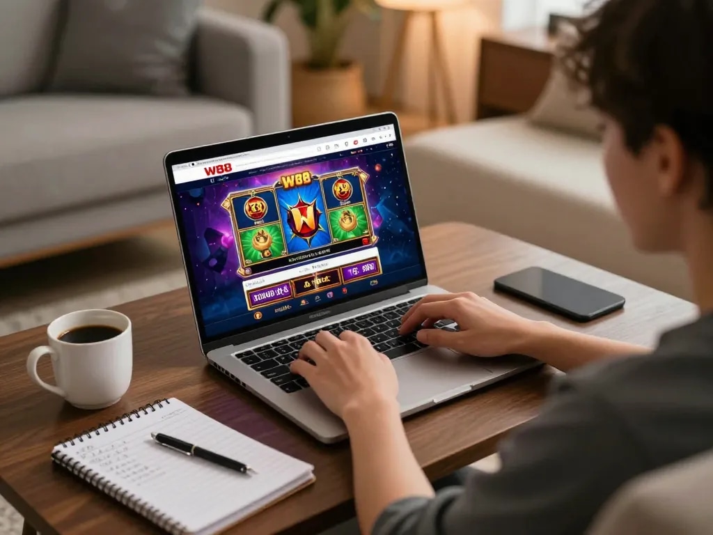 Player engaging with W88 online casino on laptop, showcasing strategic gaming setup at home.