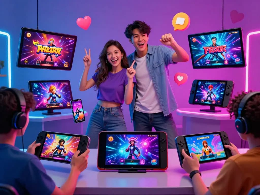 Interactive sex simulator gameplay featuring characters on various devices, highlighting diversity and excitement.