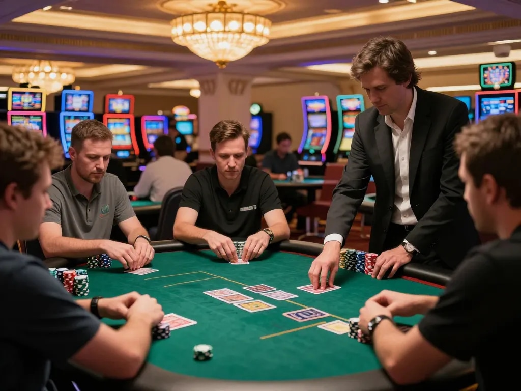 PG88 gamers strategizing at a poker table, vibrant casino ambiance captured in action.
