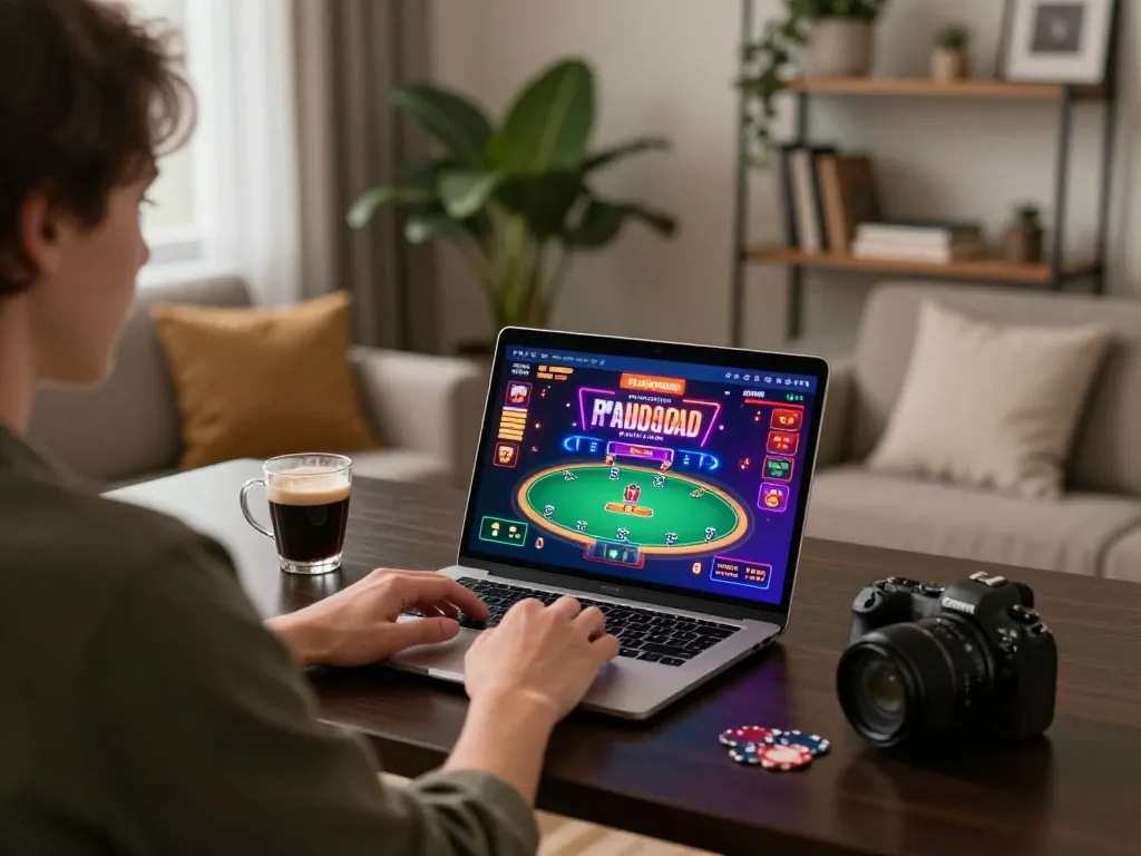 Engaged in online casinos Canada gaming with vibrant poker interface on laptop