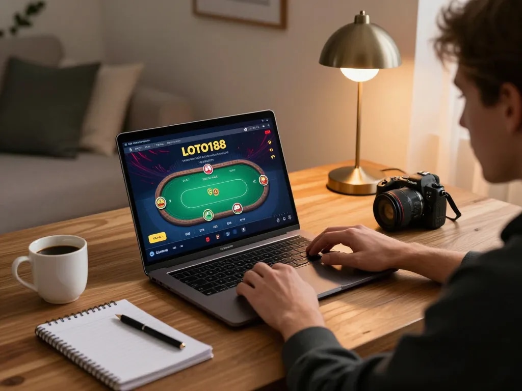 Gaming online at LOTO188 SO with cozy setup, laptop displaying poker strategy.