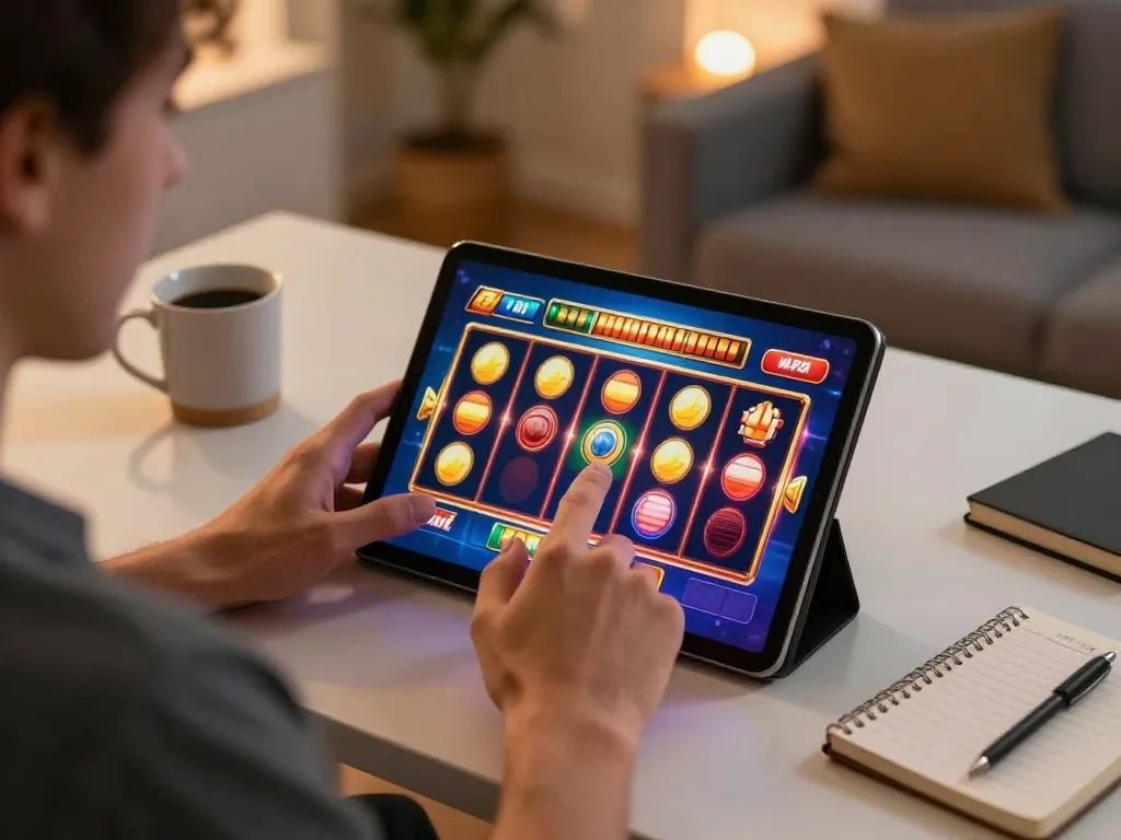 Engaging in slot server Kamboja no 1 gaming on tablet in a cozy home setup, with colorful display and focused player.