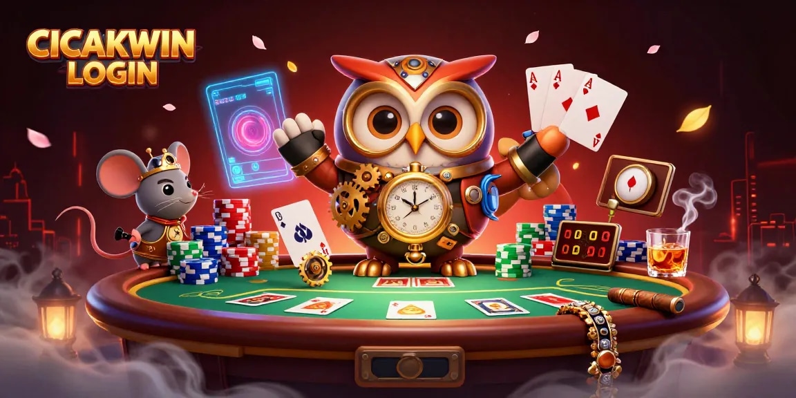 Engage with CICAKWIN LOGIN in a vibrant 3D casino realm, showcasing chips and poker hands.