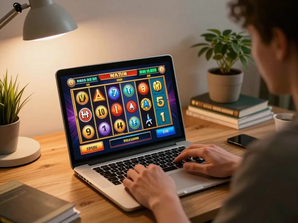 Player focusing intensely on slot online game on laptop in cozy home office