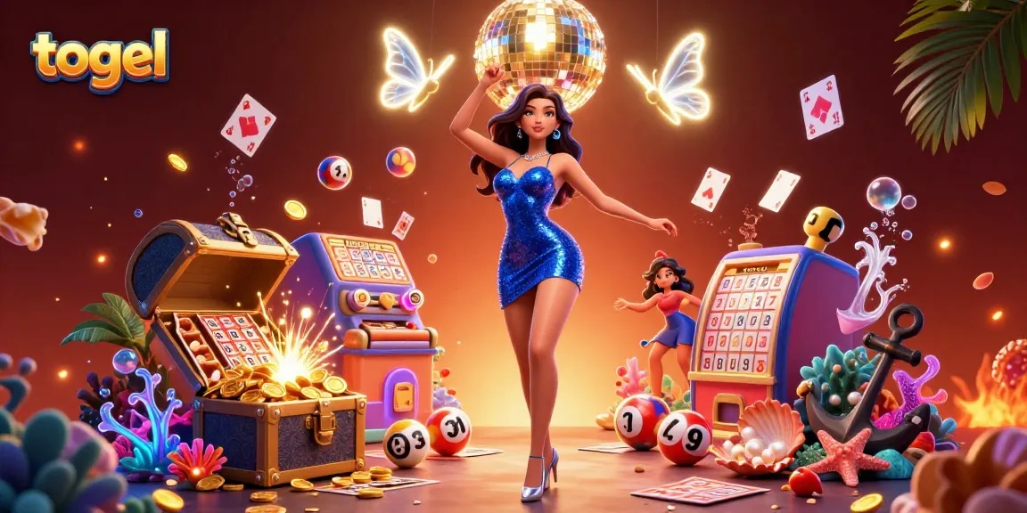 Experience thrilling togel action with a glamorous woman amidst vibrant lottery elements and stunning visual effects.