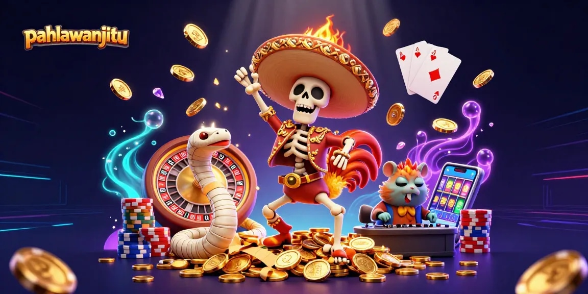 Pahlawanjitu showcases a vibrant casino victory dance with golden coins, lively characters, and a dynamic roulette wheel.