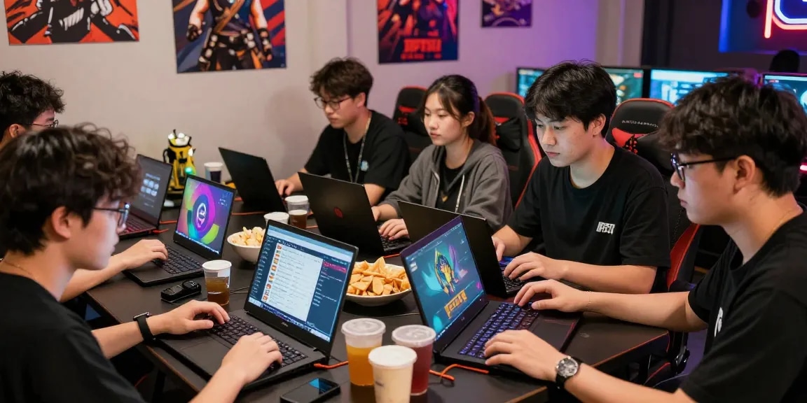 Engaging scene of players enjoying JPTOTO gaming experience with laptops