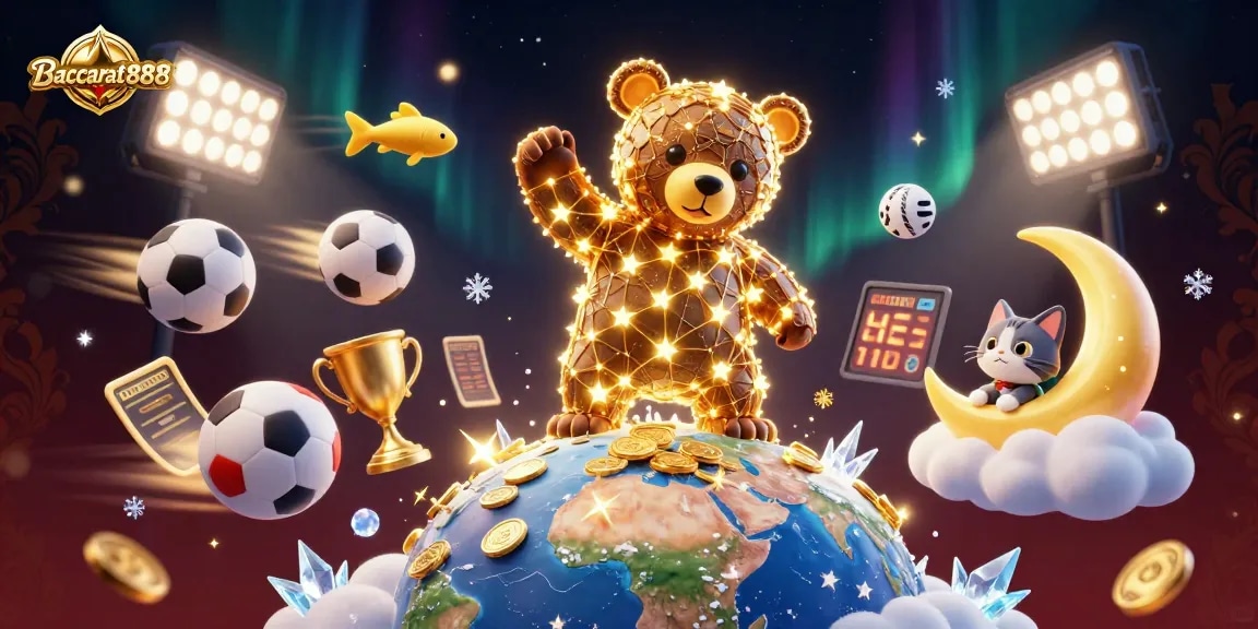Baccarat888 engages players with a cinematic gaming experience featuring sparkling stars, sports elements, and treasure