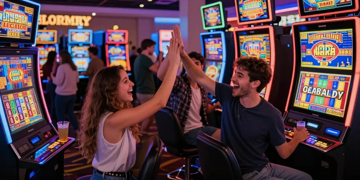 Friends celebrating a win at slot machines in a vibrant casino environment.
