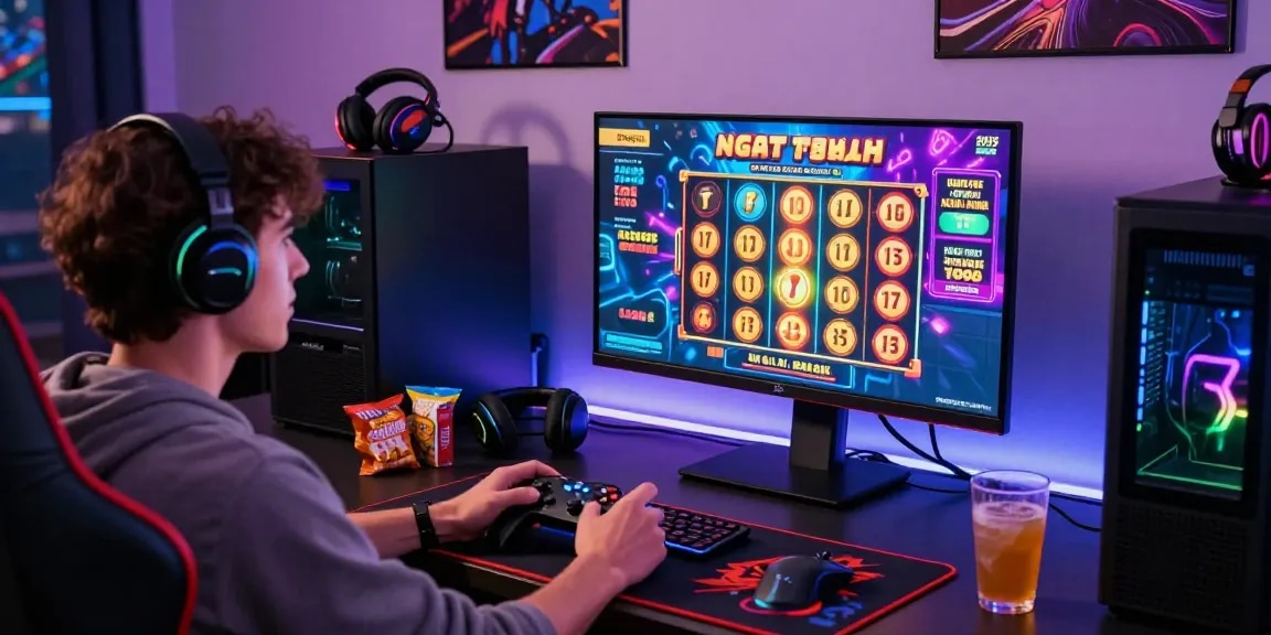 Exciting online gaming setup showcasing a vibrant slot deposit 1000 game on screen with colorful graphics and a player immersed in action.