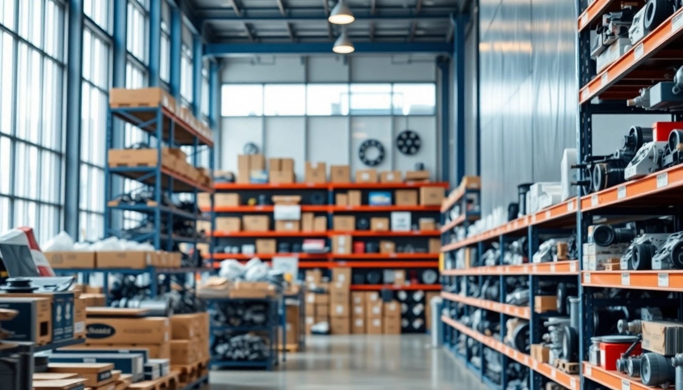 Showcase of OEM automotive parts from https://factoryoemsupply.com/ in a bright warehouse environment.