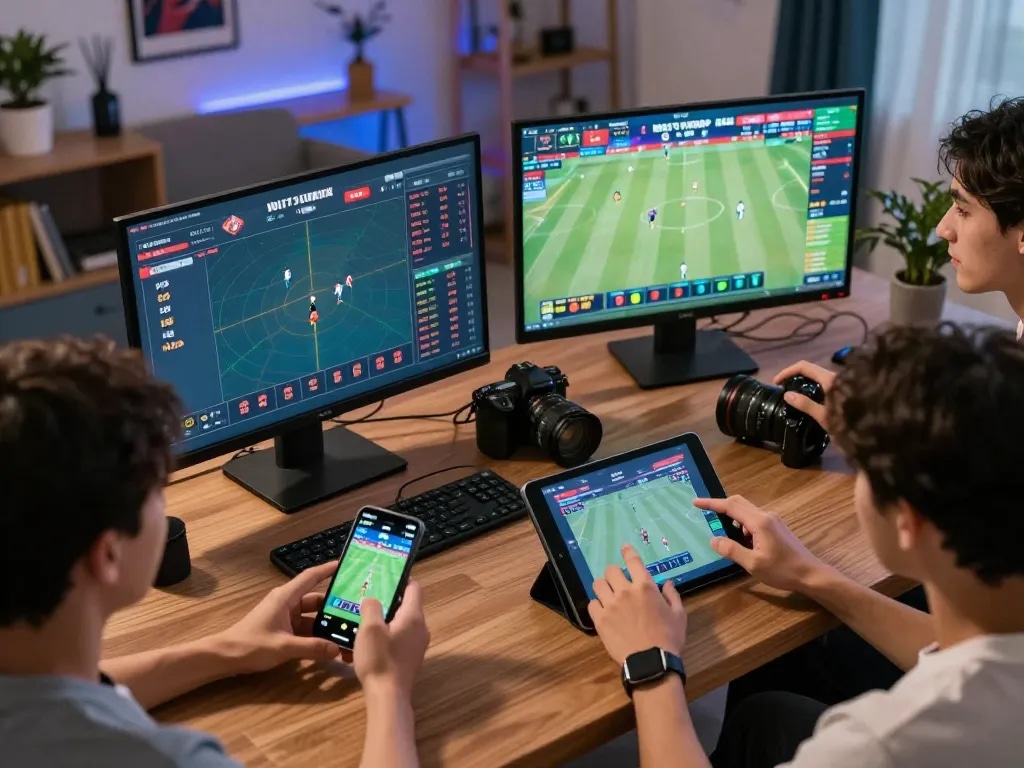 Engaged bettors analyzing odds and placing bets at 32win online sports betting platform.