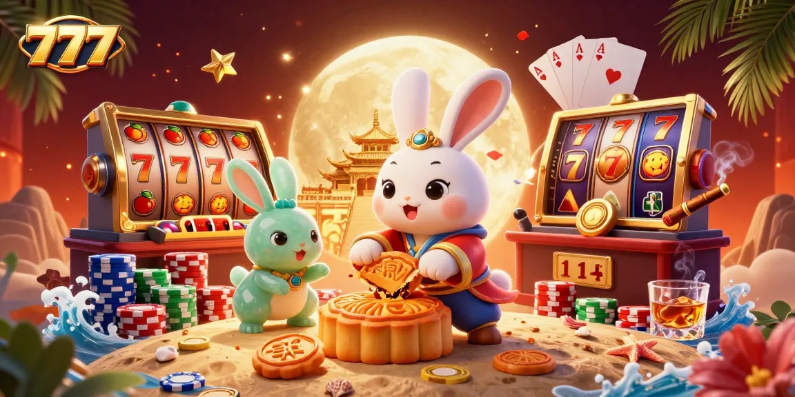 Experience thrilling gameplay with 777-themed slots revealed by a cute moon rabbit.