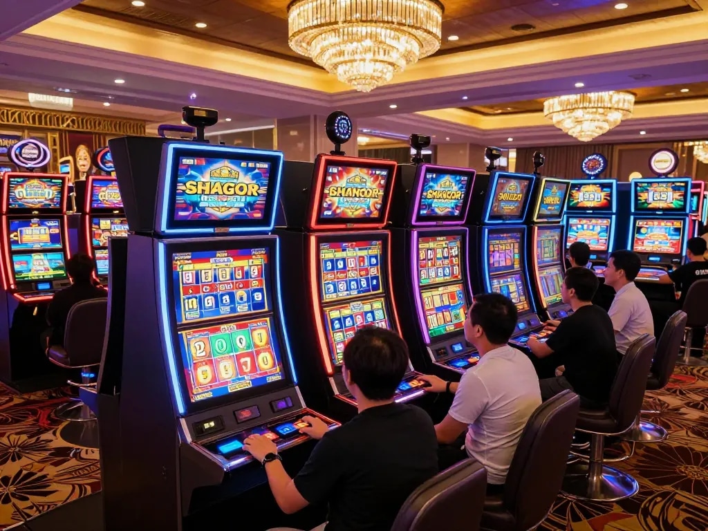Players celebrating wins at colorful slot gacor machines in an upscale casino.