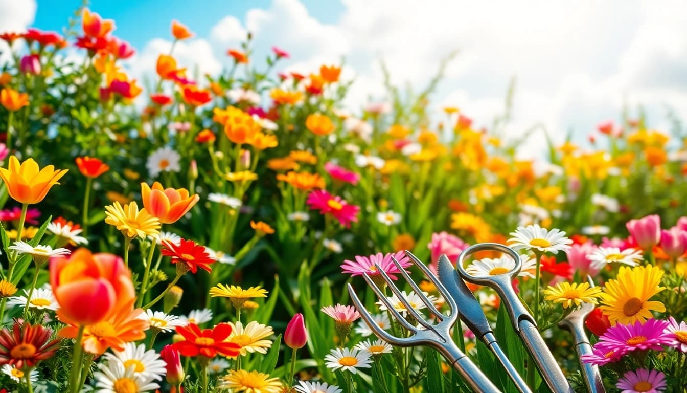 https://detuinassistent.nl toont een kleurrijke tuin met bloeiende bloemen en verzorgde tuingereedschappen.