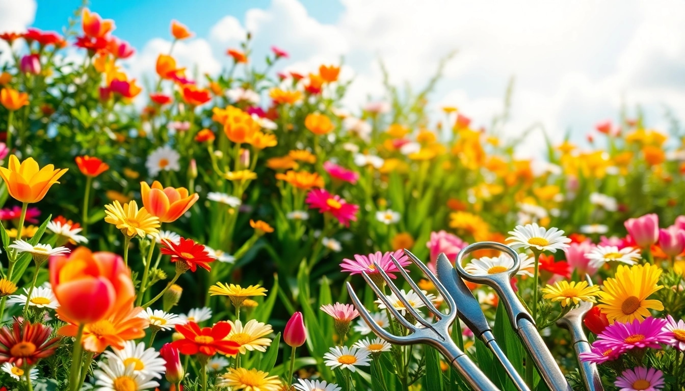 https://detuinassistent.nl toont een kleurrijke tuin met bloeiende bloemen en verzorgde tuingereedschappen.