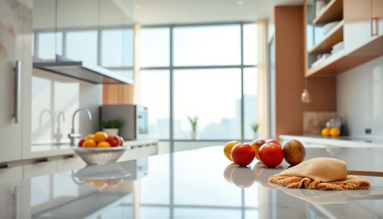 Kitchen deep cleaning Dubai showcasing a spotless kitchen with natural light and organized spaces.