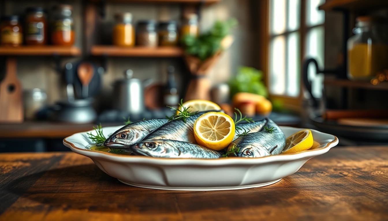 Saborea sardianas premium en un plato gourmet con aceite de oliva y hierbas frescas.