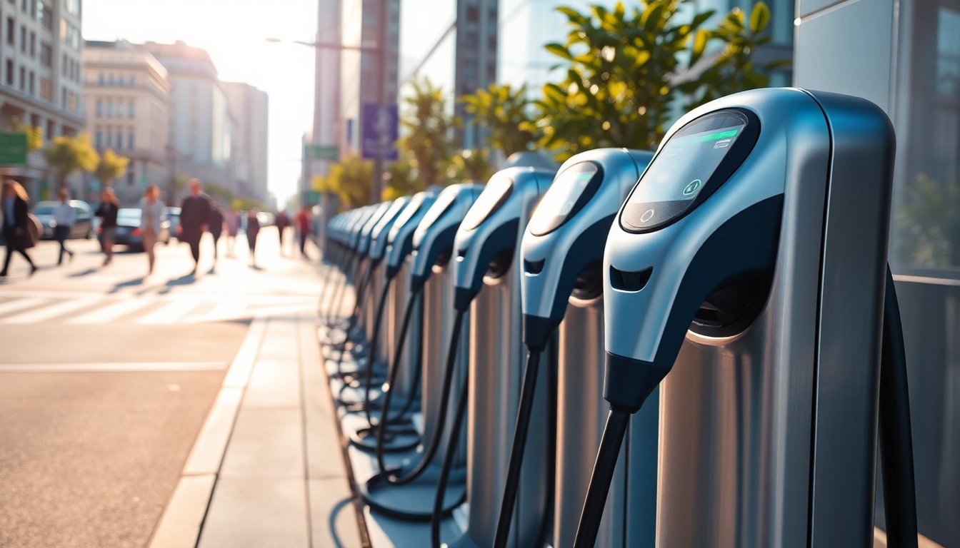 Showcase of EV charging news with modern electric vehicle charging stations in an urban environment.