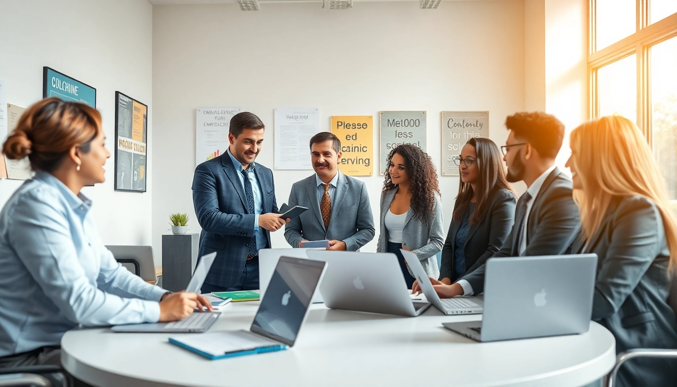 Sales coach mentoring a diverse team in a bright, modern office environment.