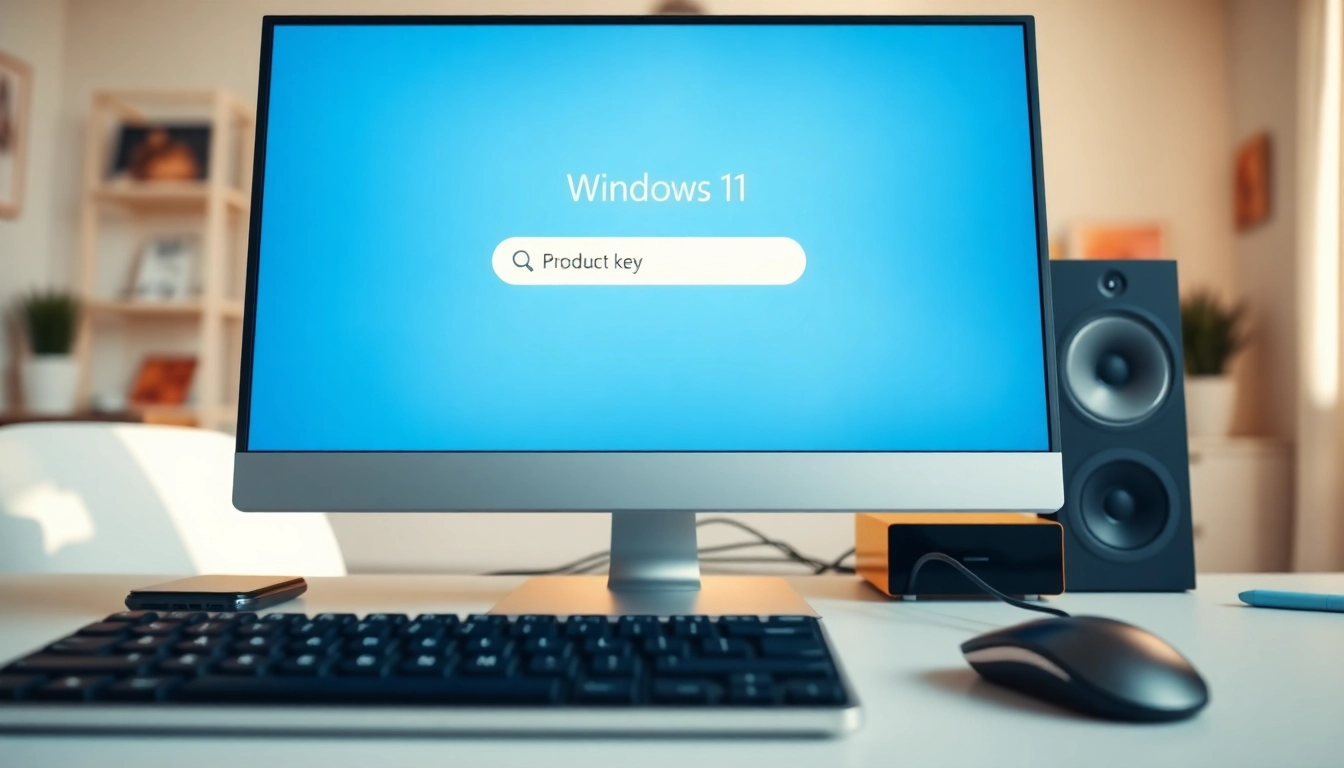 Enter your Windows 11 Product Key on a computer screen in an organized workspace.