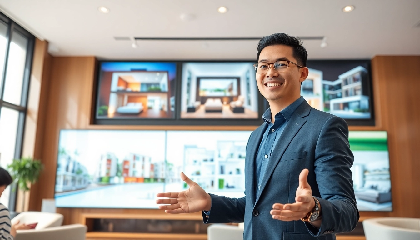 Showcase of new launch condos from https://newdeveloperlaunch.sg with a real estate agent engaging clients.
