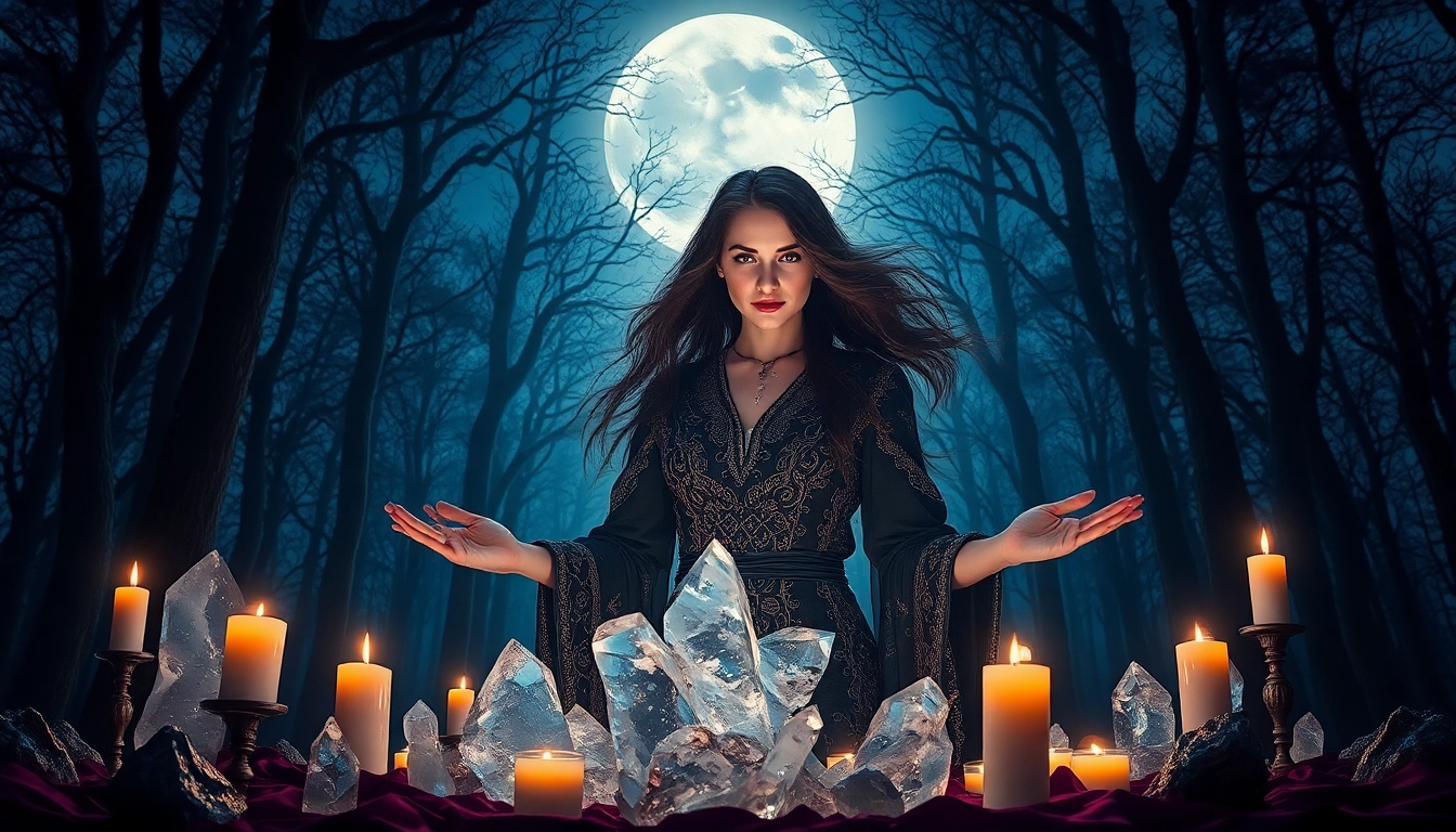 Experience intuitive readings at https://julielynn.co with a mystical witch casting spells in a serene environment.