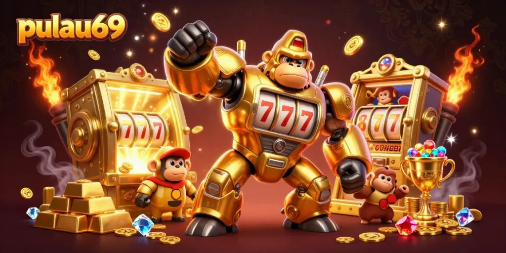 Engage with pulau69's vibrant 3D slots experience featuring golden gorilla mech and treasure elements.