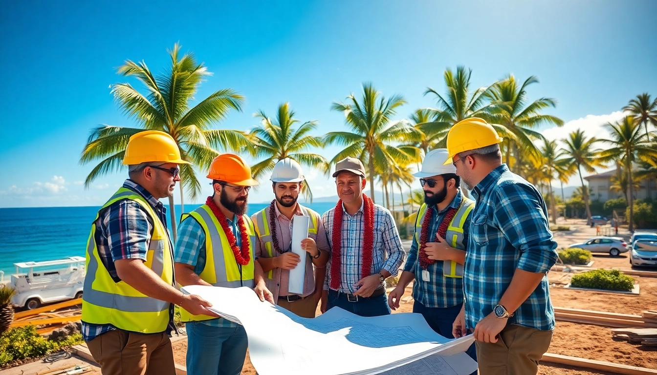 Teamwork in the Hawaii construction association, showcasing collaboration on-site with ocean views.