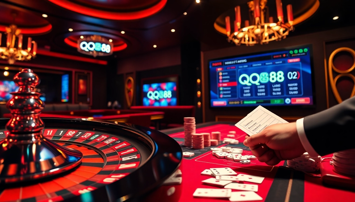 Experience the excitement of Nhà cái uy tín QQ88 with a luxurious casino scene featuring roulette and poker.